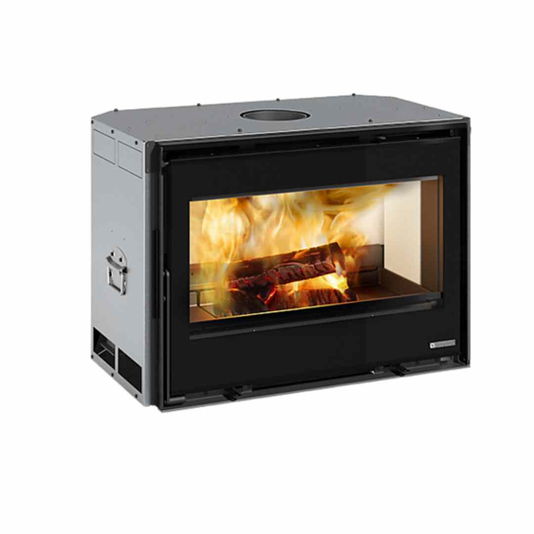 Insert à bois ventilé INSERTO 80 LEAN 9,5 kW noir avec vitre panoramique et flamme visible