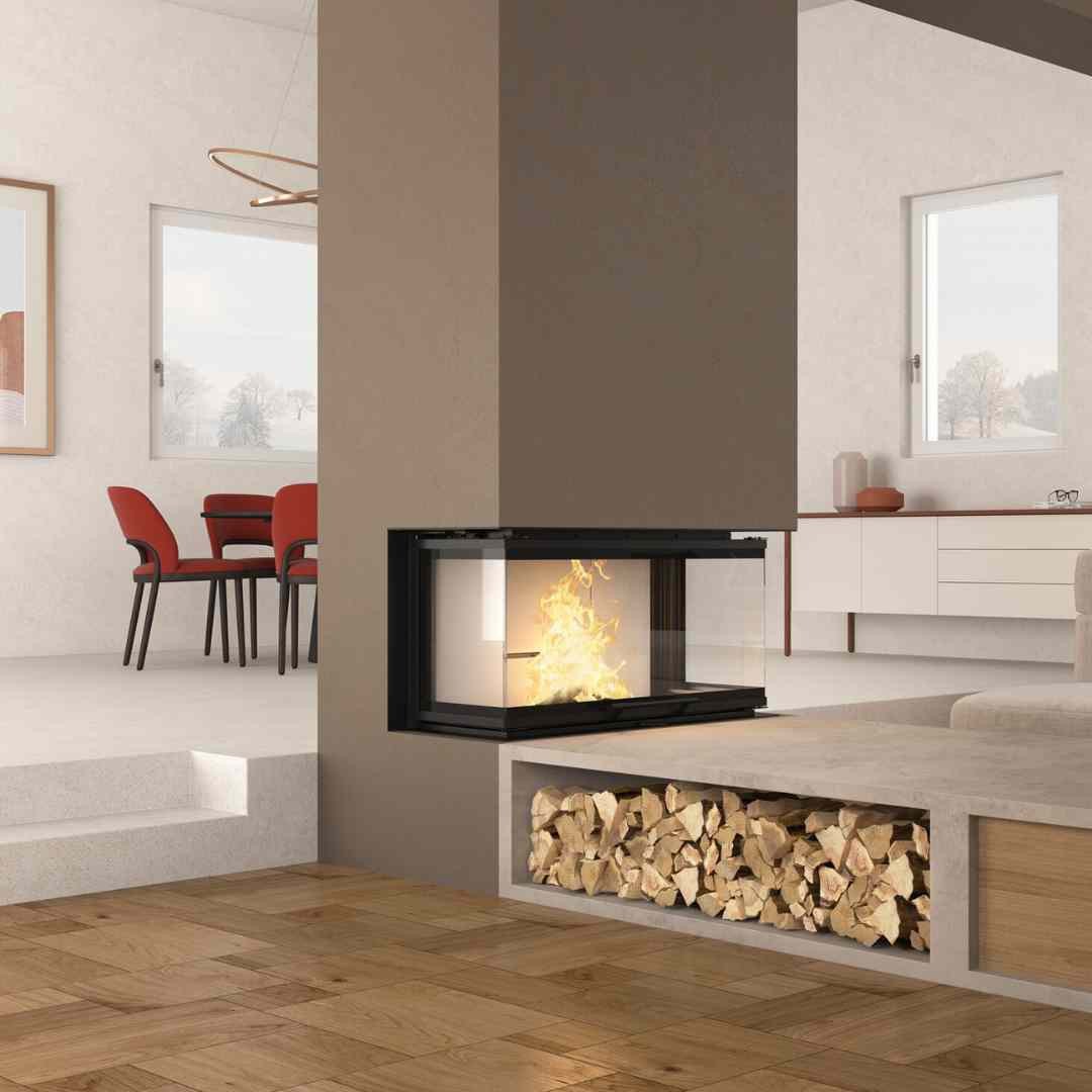 Insert à bois 3 faces MONOBLOCCO 3LC.165 12 kW avec vision panoramique du feu