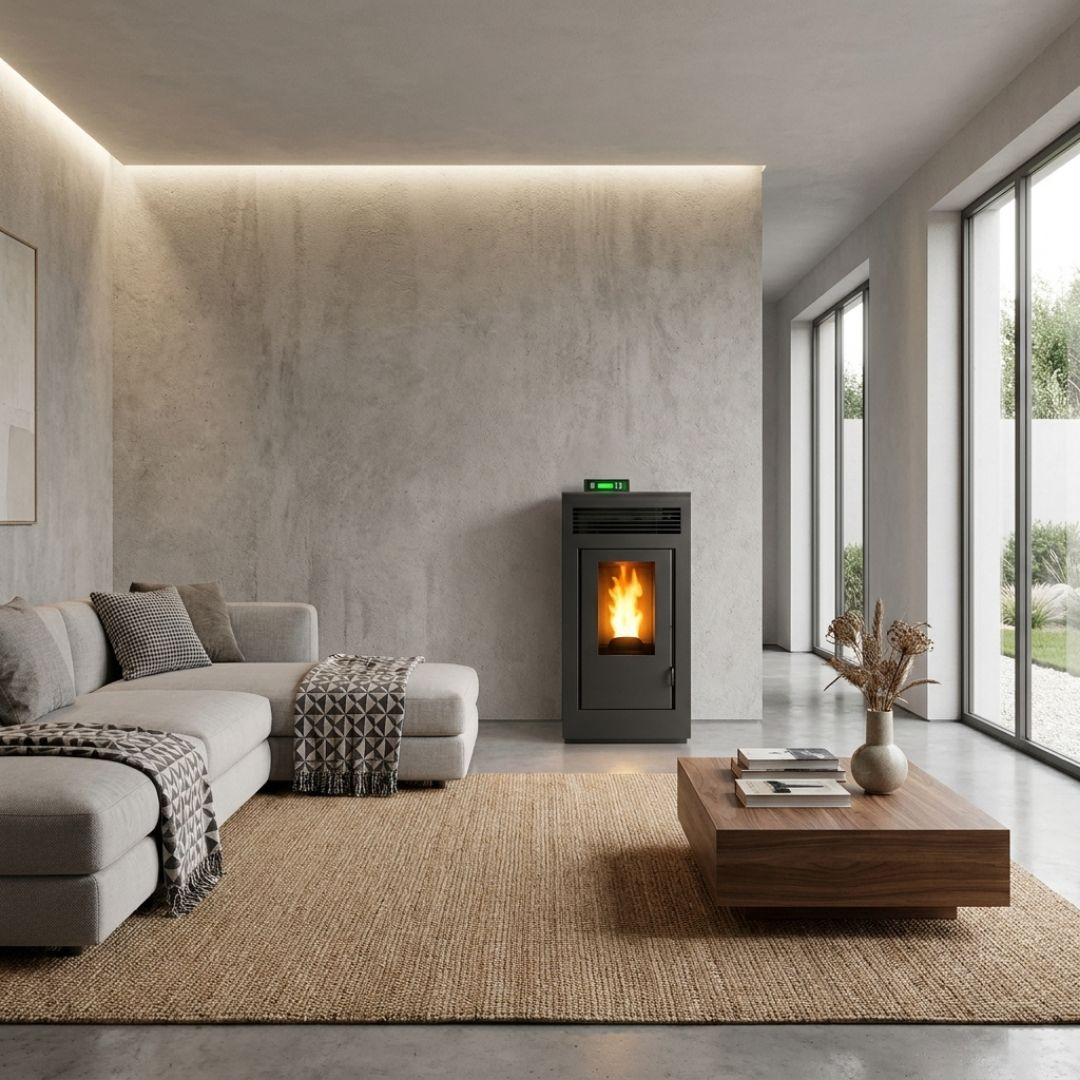 Poêle à pellets étanche Marina 13C installé dans une pièce de vie moderne