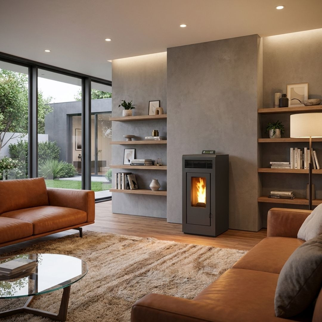 Poêle à pellets Marina 13C gris installé dans un salon chaleureux