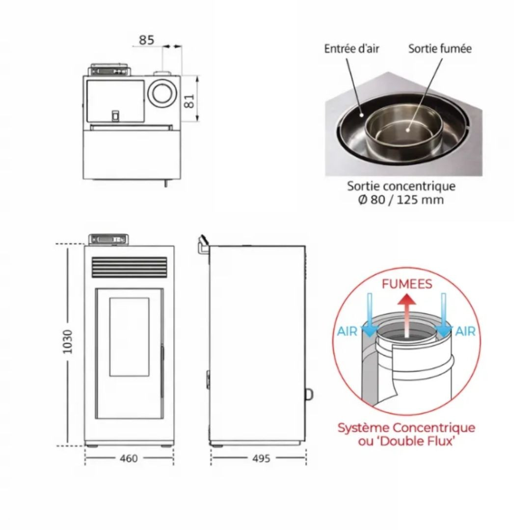 Schéma technique avec dimensions du poêle à granulés étanche Marina 13C