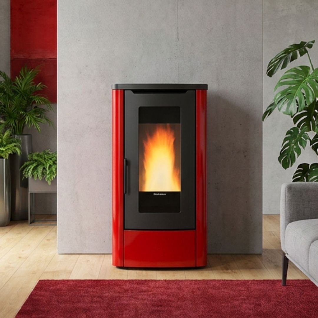 Poêle à granulés Dahiana Plus AD 10 kW rouge installé dans une pièce contemporaine