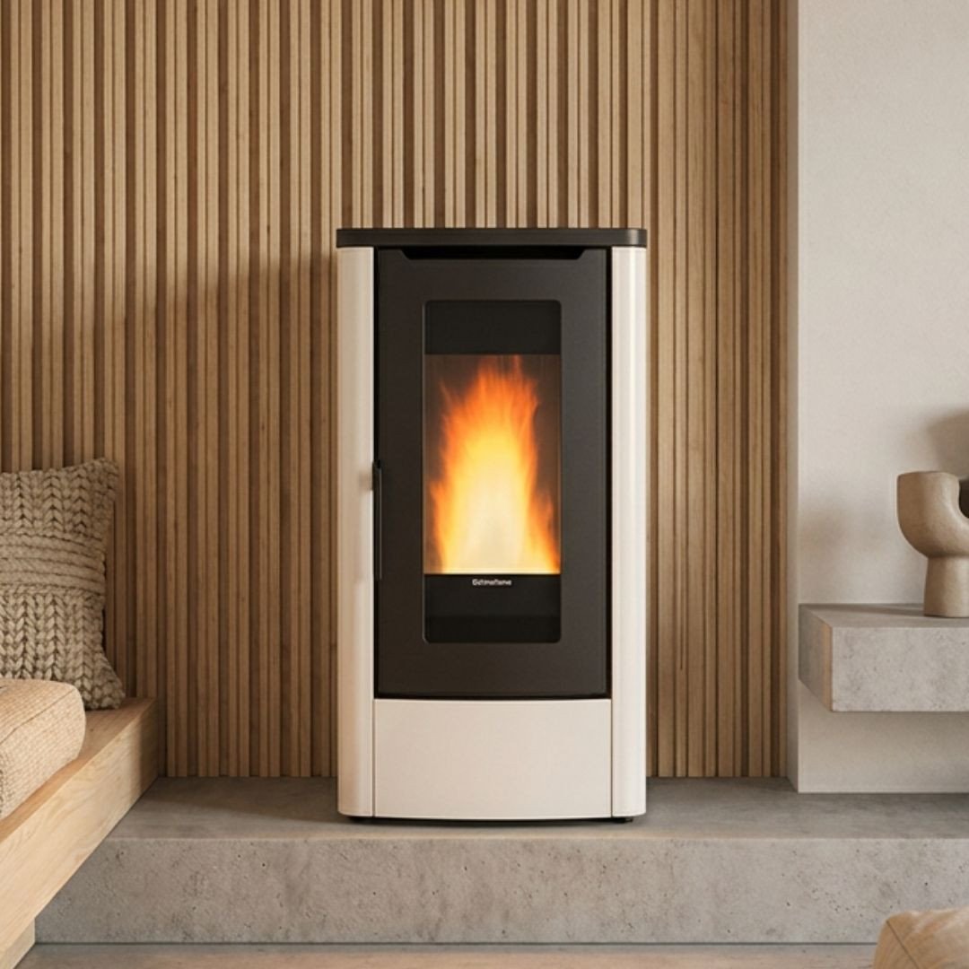 Poêle à granulés canalisable Dahiana Plus AD 10 kW ivoire devant un mur en tasseaux de bois