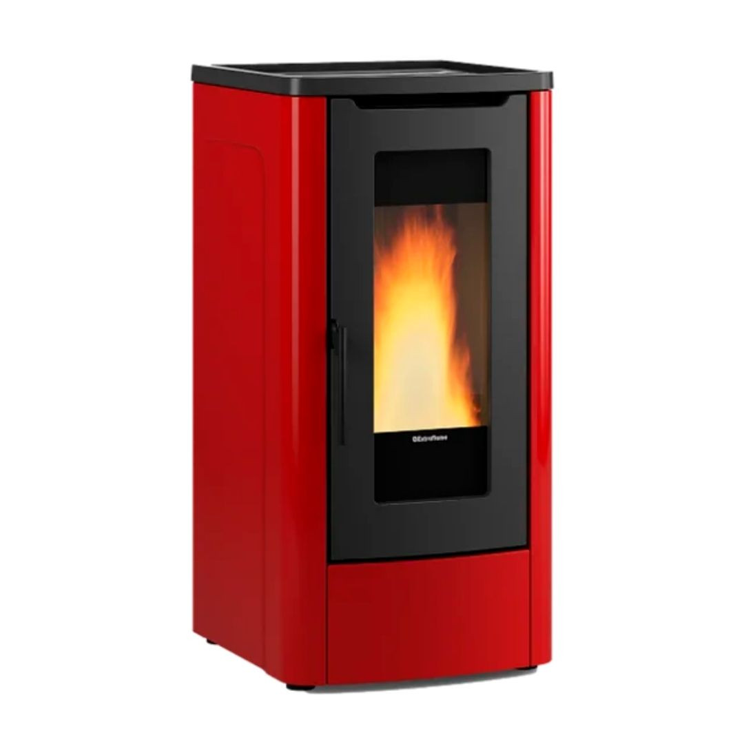 Poêle à granulés canalisable Dahiana Plus AD 10 kW rouge sur fond blanc
