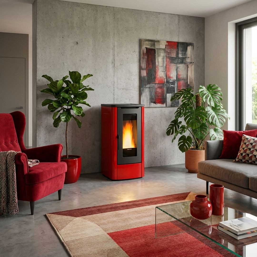 Poêle à granulés canalisable Dahiana Plus AD rouge dans un salon chaleureux