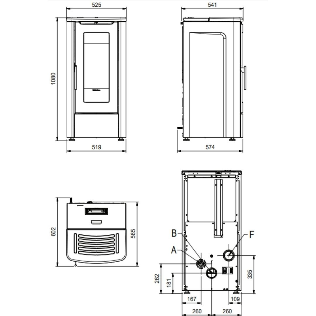Schéma technique avec dimensions du poêle à granulés canalisable Dahiana Plus AD 10 kW