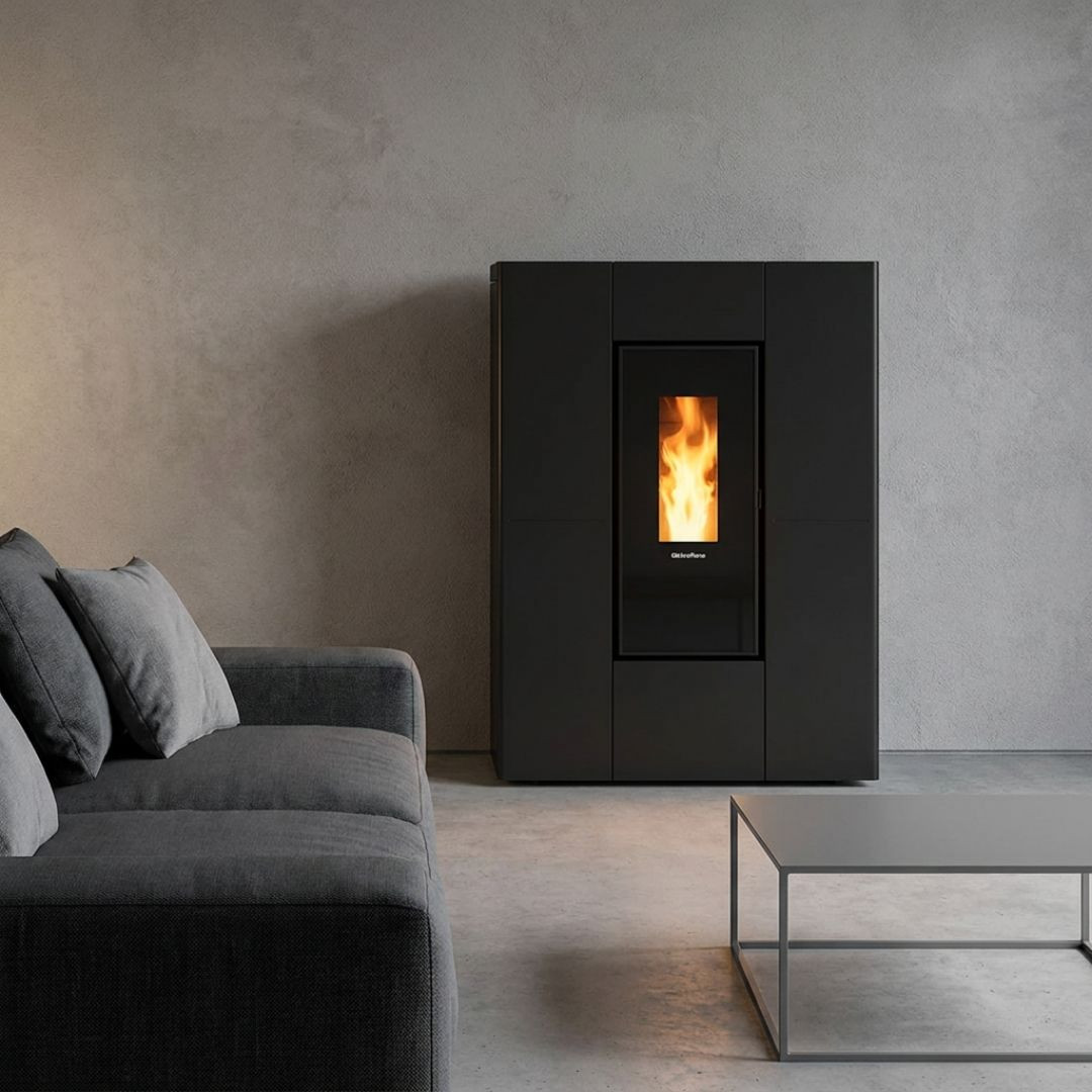 Poêle à granulés slim Marilena Plus 5.0 8 kW noir près d’un canapé