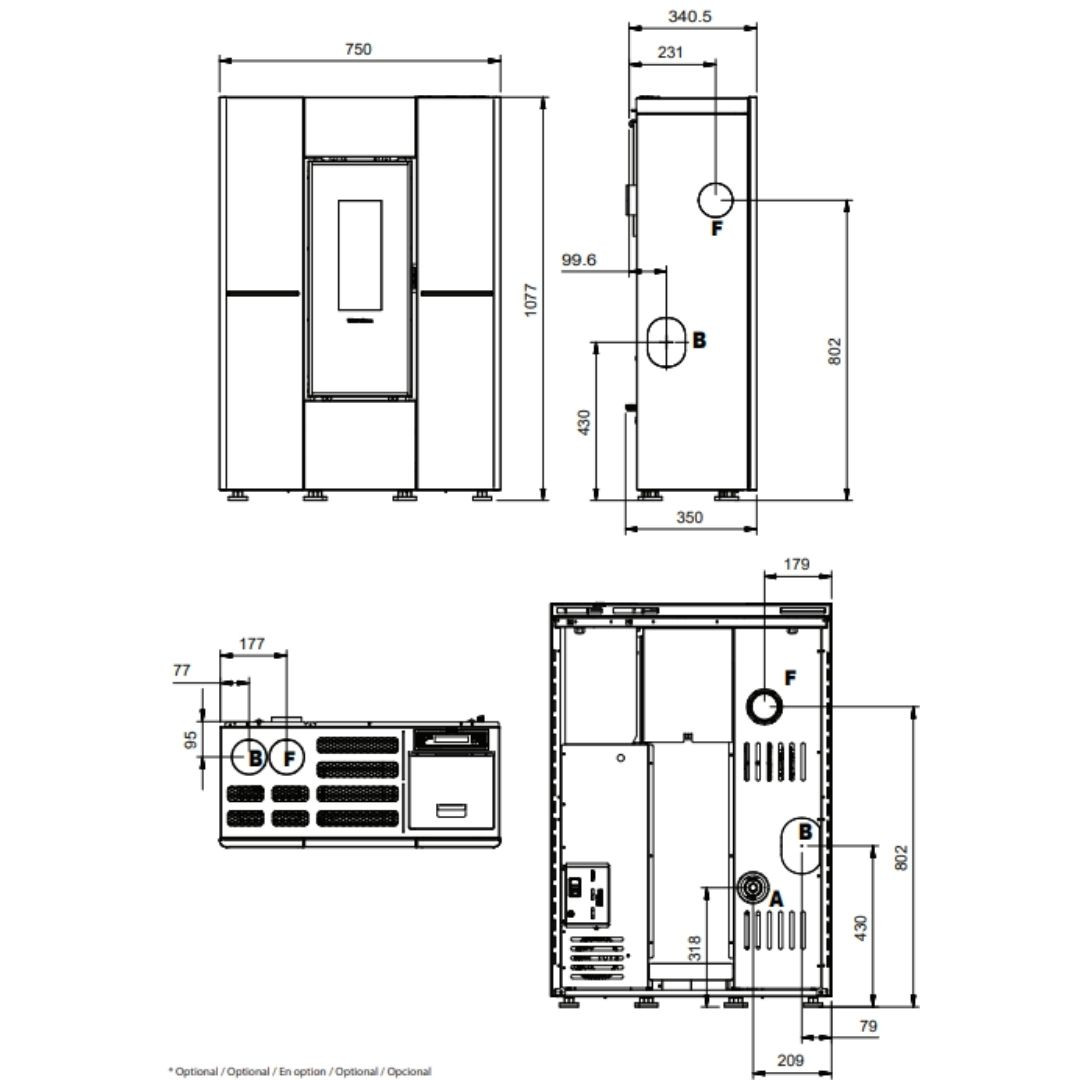 Schéma technique avec dimensions du poêle à granulés slim Marilena Plus 5.0 8 kW