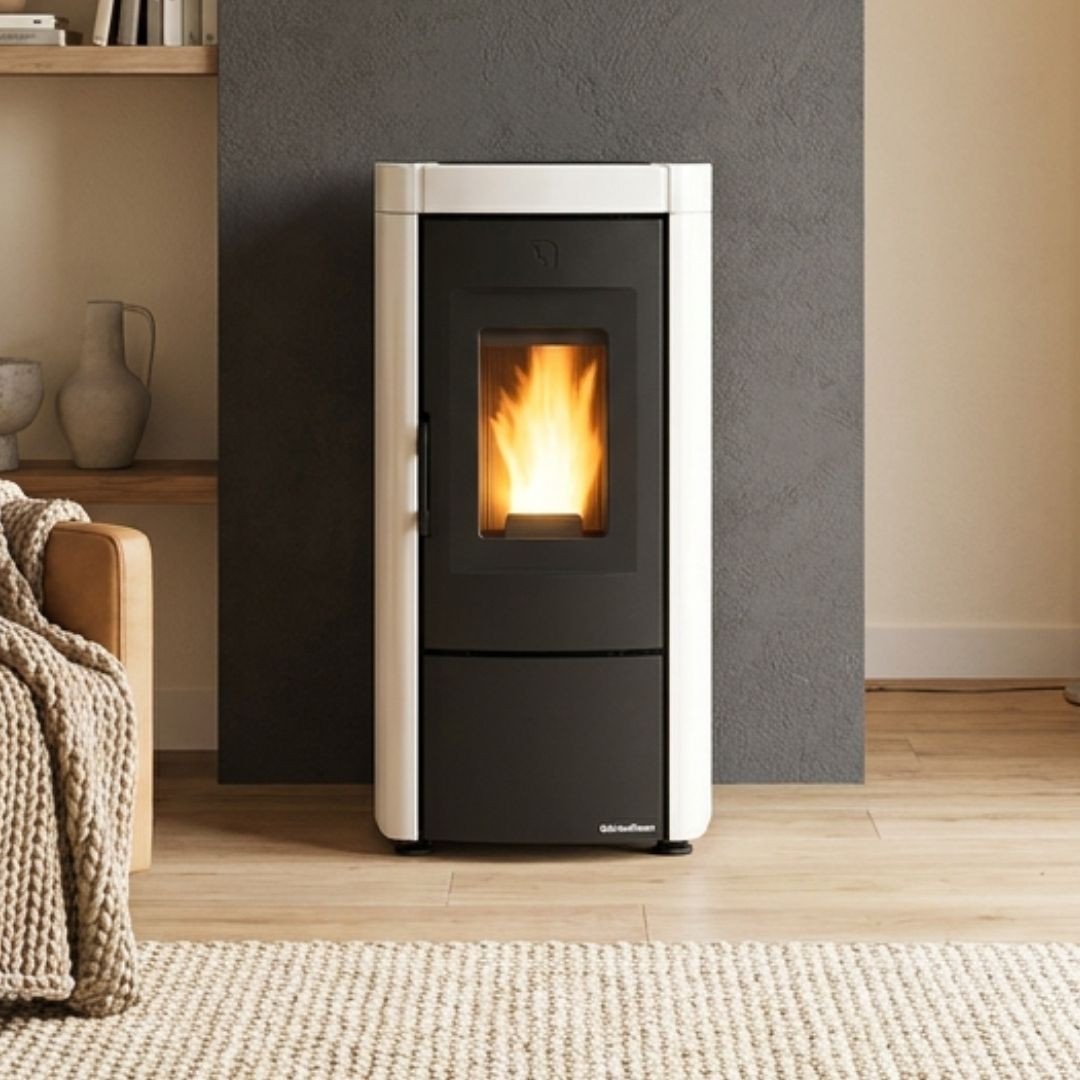 Poêle à granulés étanche à ventouse Moira 7 kW blanc installé dans un intérieur moderne