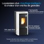 Caractéristiques du poêle à pellets Moira 7 kW blanc avec rendement jusqu’à 94,3 %