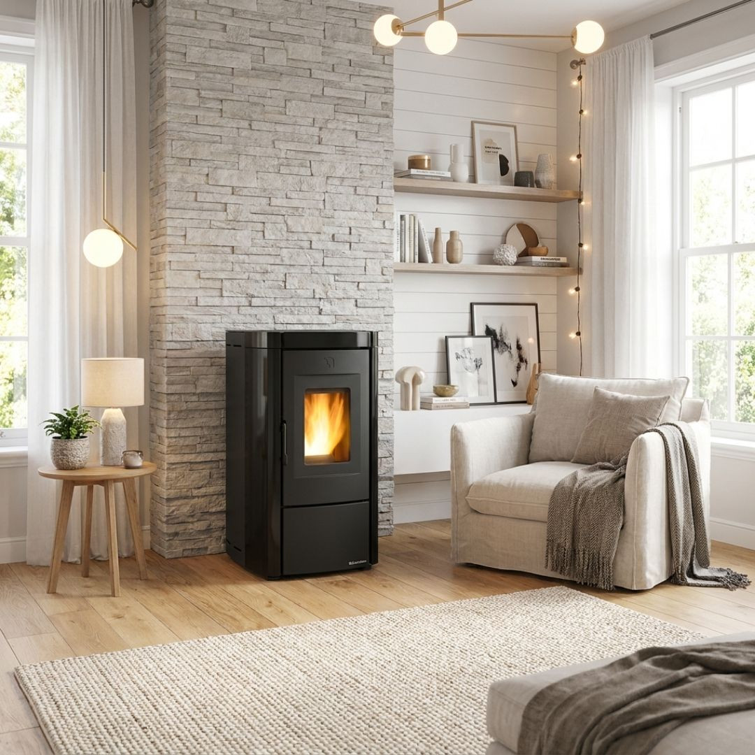 Poêle à granulés Moira 7 kW noir installé dans un salon lumineux