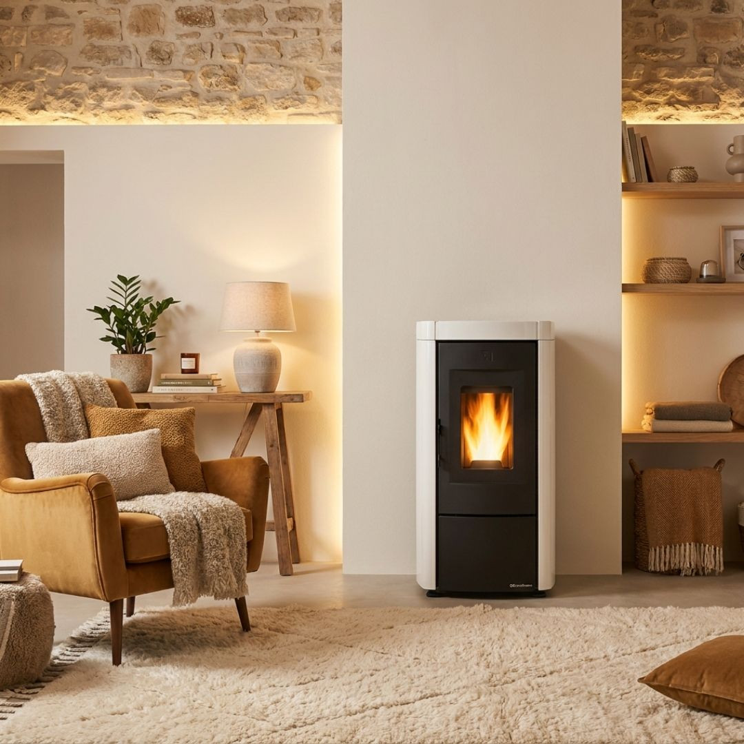 Poêle à granulés étanche à ventouse Moira 7 kW blanc installé dans une pièce chaleureuse