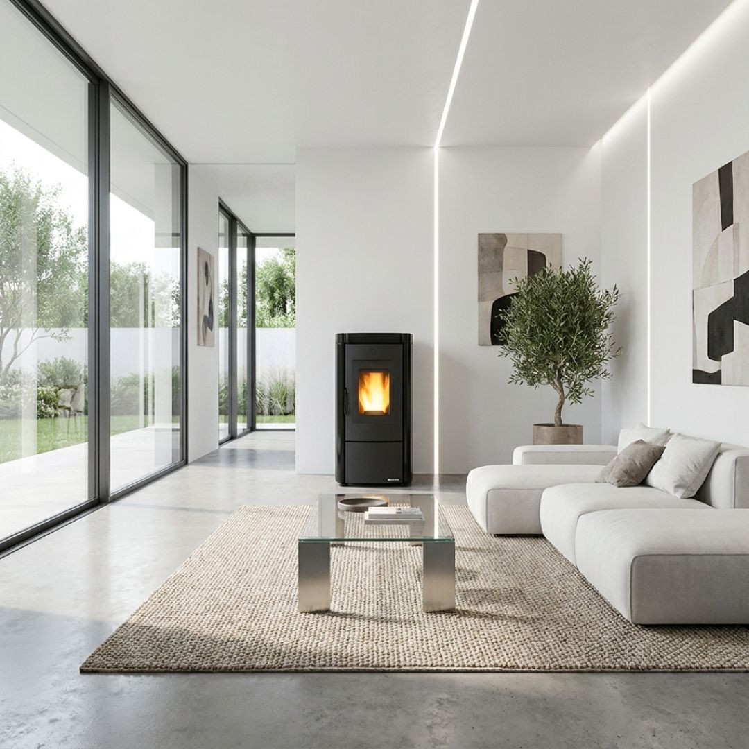 Poêle à granulés Moira 7 kW noir installé dans un grand salon contemporain