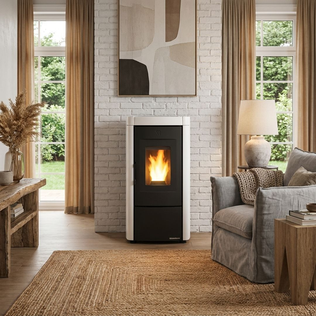 Poêle à granulés étanche Moira 7 kW blanc installé dans un intérieur moderne