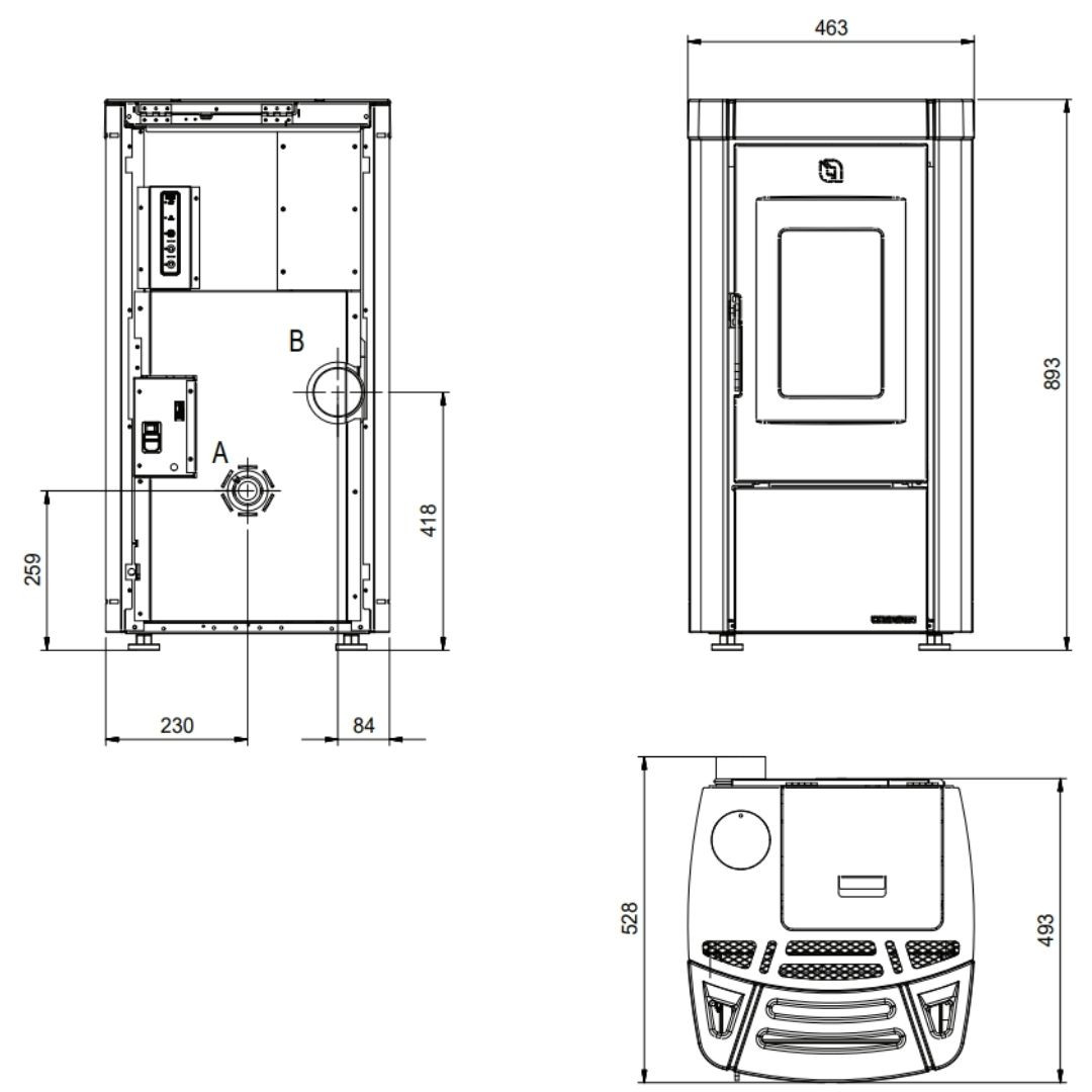 Schéma technique avec dimensions du poêle à granulés étanche à ventouse Moira 7 kW