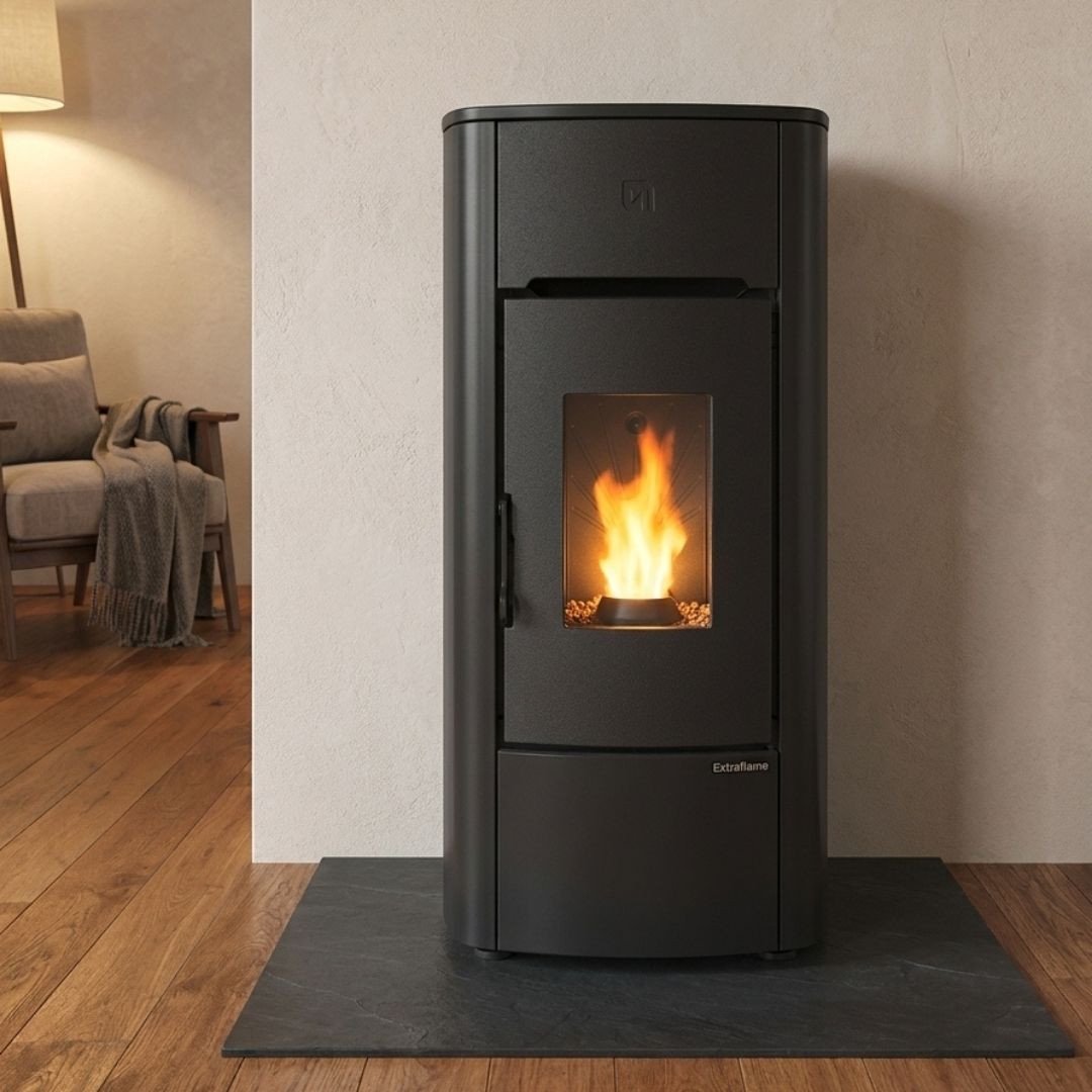 Poêle à granulés étanche Angelica Evo 8 kW noir installé dans un intérieur moderne