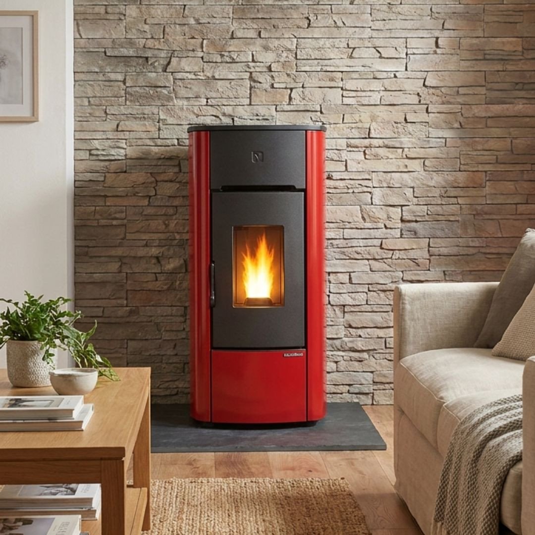 Poêle à granulés étanche Angelica Evo 8 kW rouge installé devant un mur en pierre