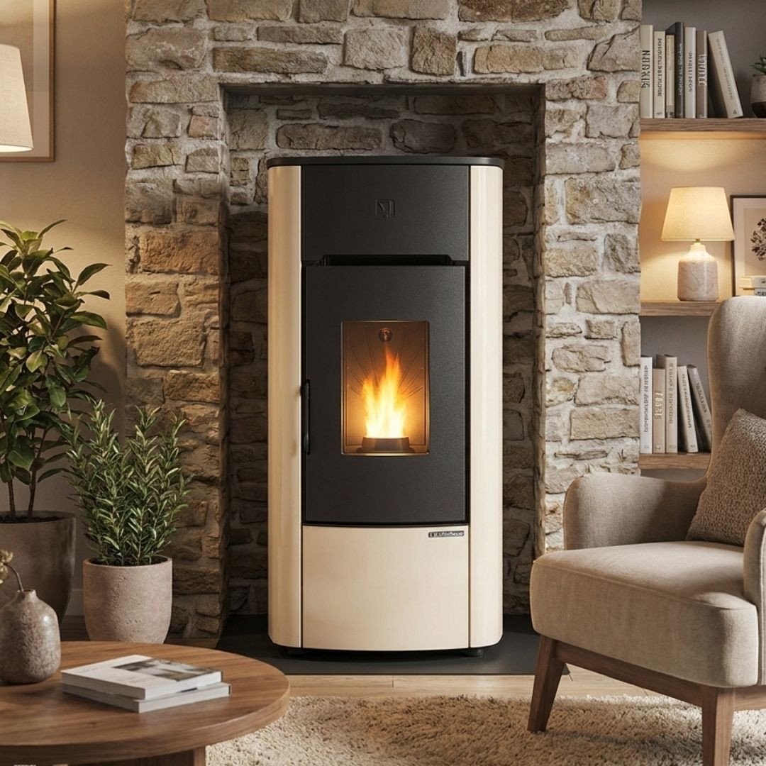Poêle à granulés étanche Angelica Evo 8 kW blanc installé dans un salon chaleureux