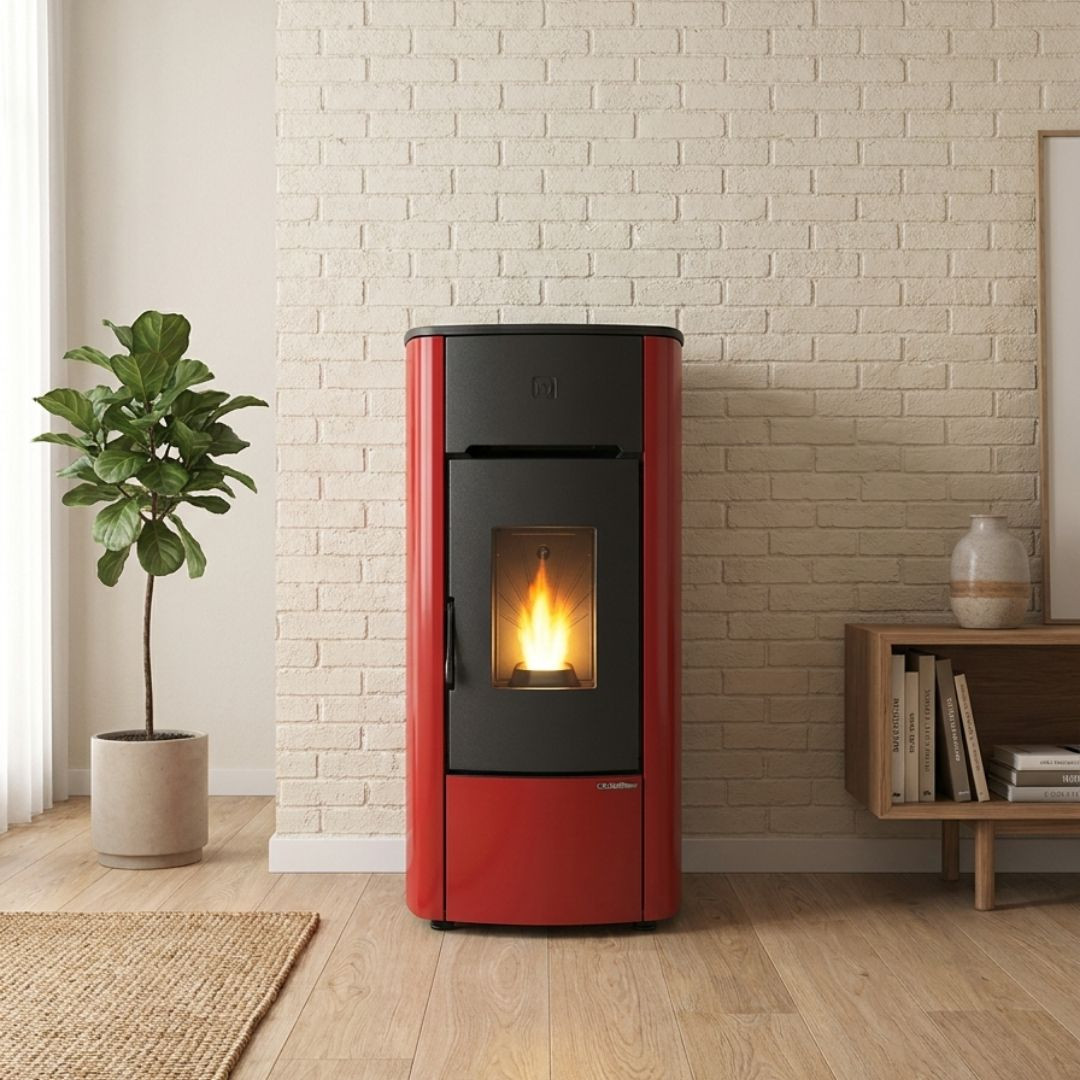 Poêle à granulés étanche Angelica Evo 8 kW rouge installé dans une pièce lumineuse