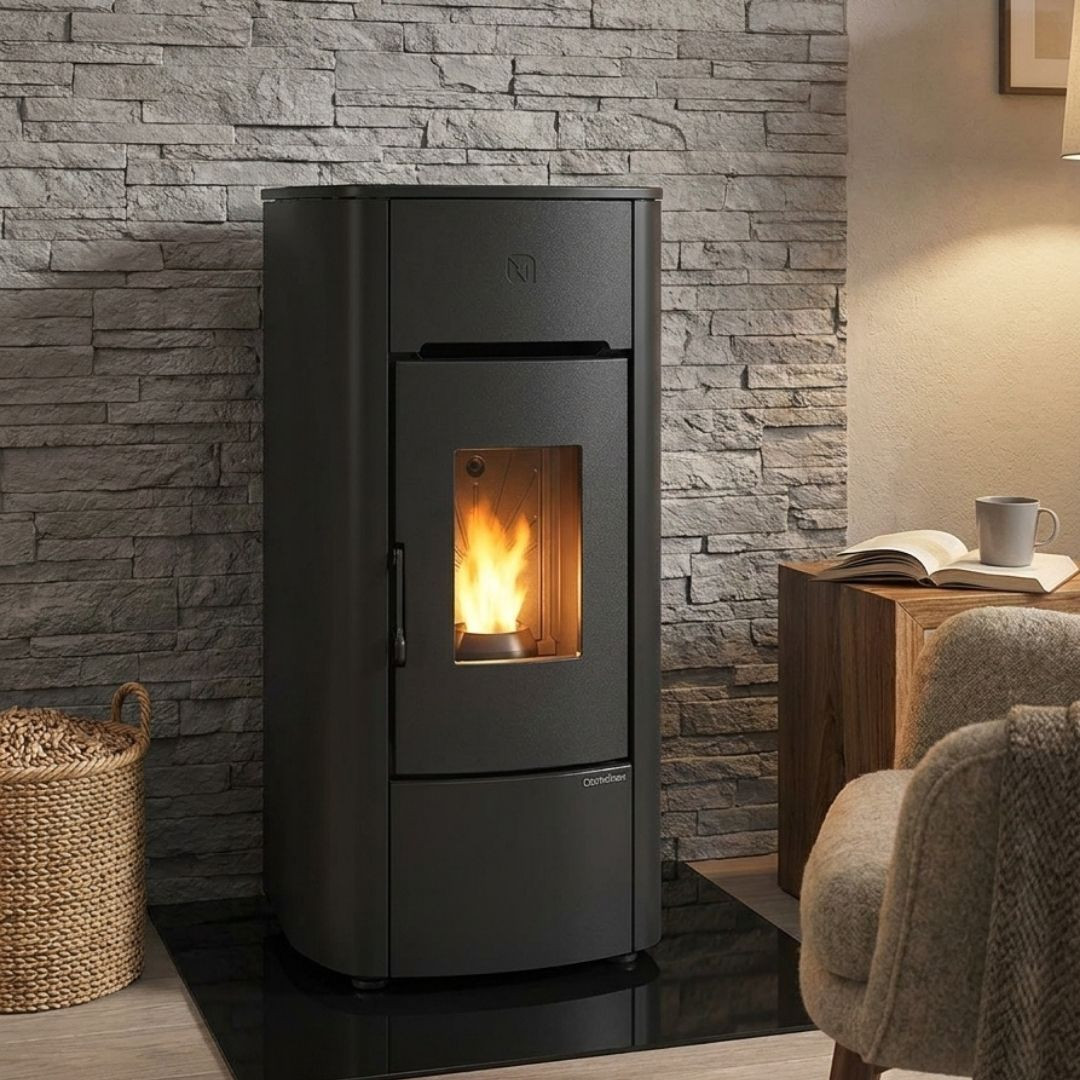 Poêle à granulés étanche Angelica Evo 8 kW noir installé devant un mur en pierre