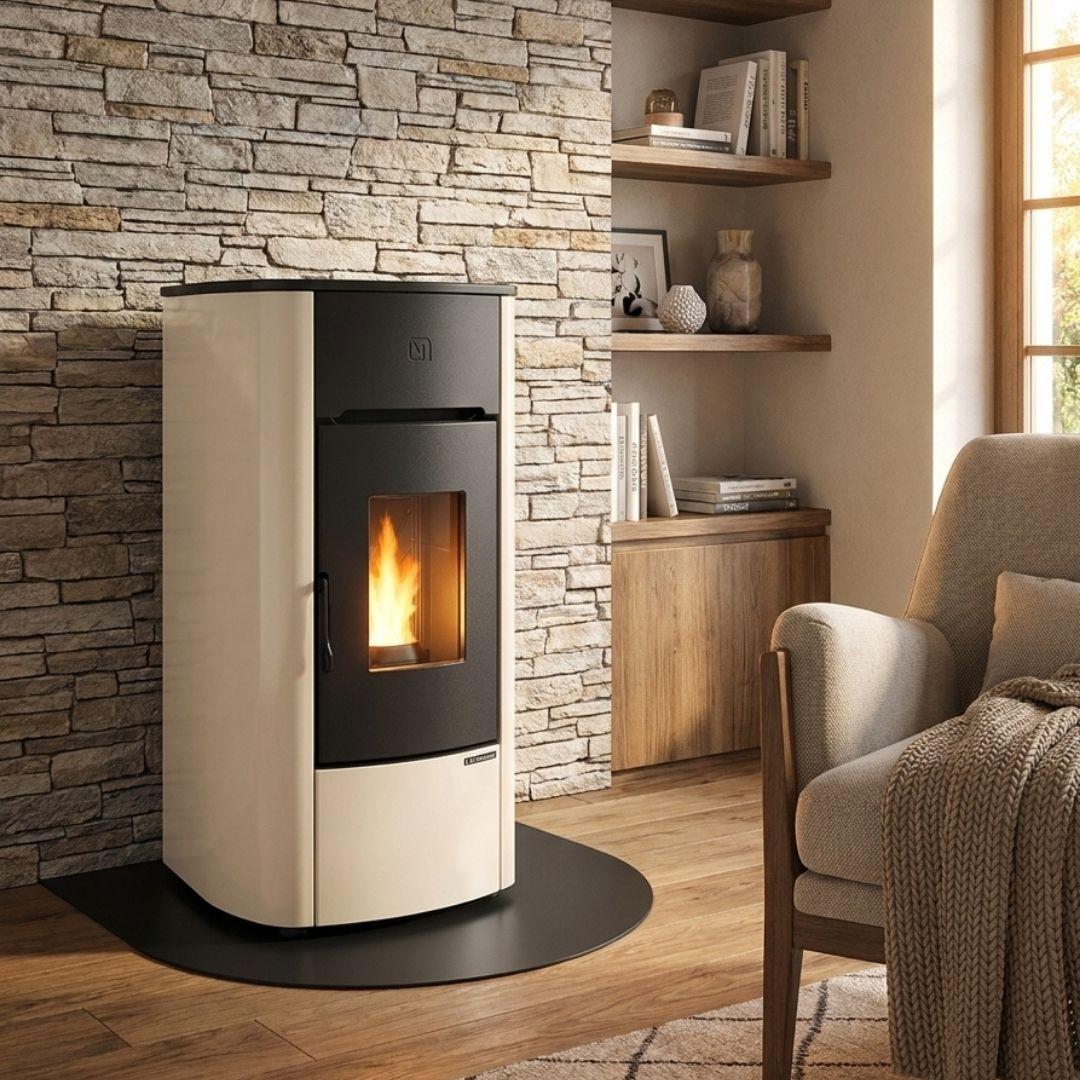 Poêle à granulés étanche Angelica Evo 8 kW blanc installé dans un salon contemporain
