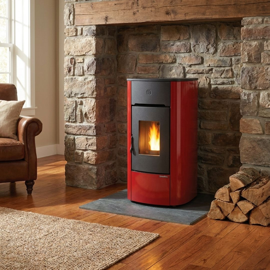 Poêle à granulés étanche Angelica Evo 8 kW rouge installé devant une cheminée en pierre