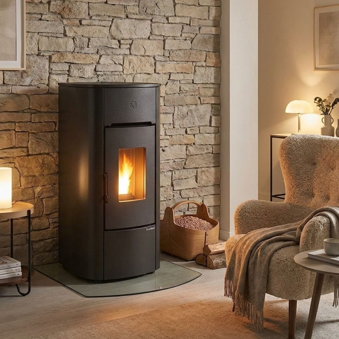 Poêle à granulés étanche Angelica Evo 8 kW noir installé dans un intérieur rustique