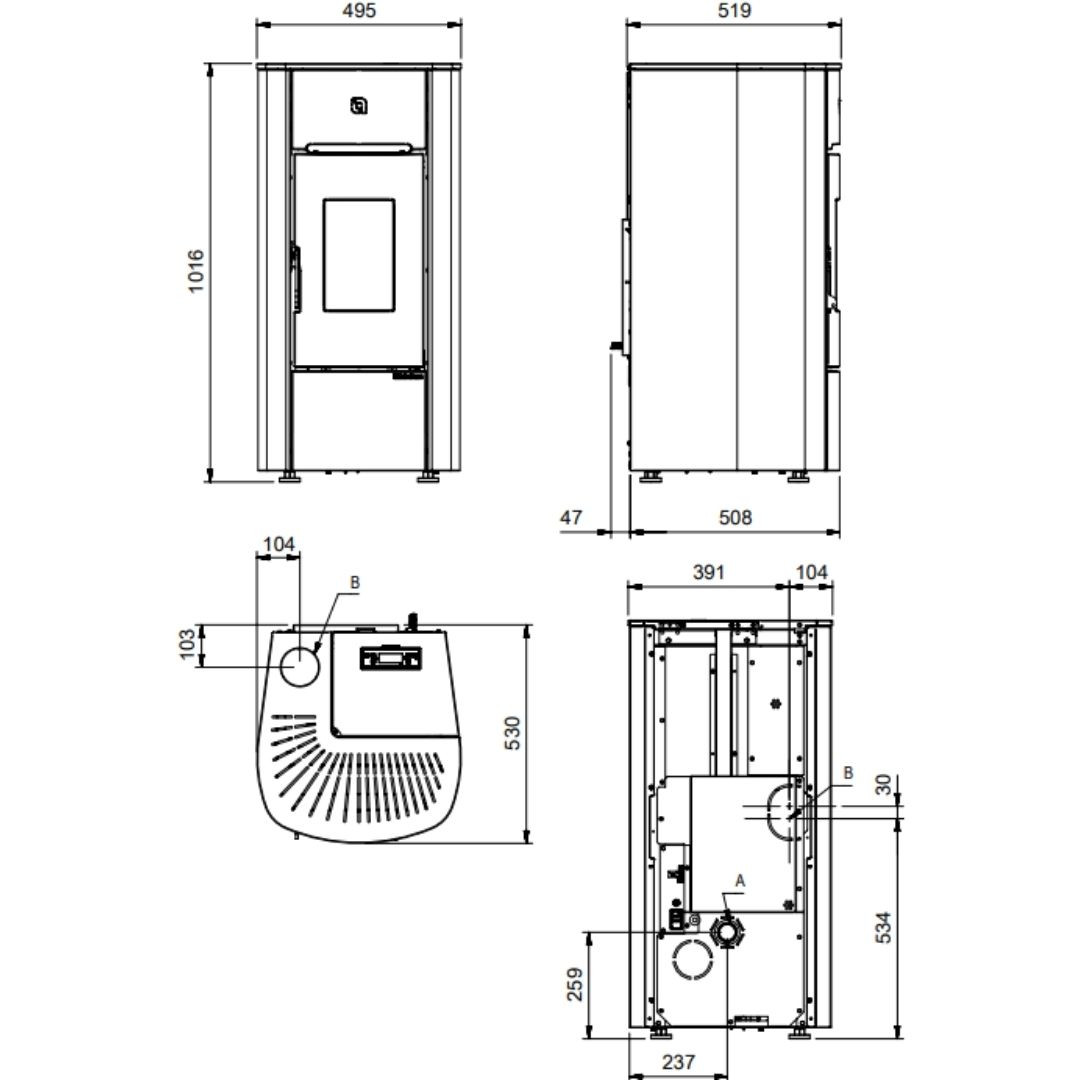 Schéma technique avec dimensions du poêle à granulés étanche Angelica Evo 8 kW