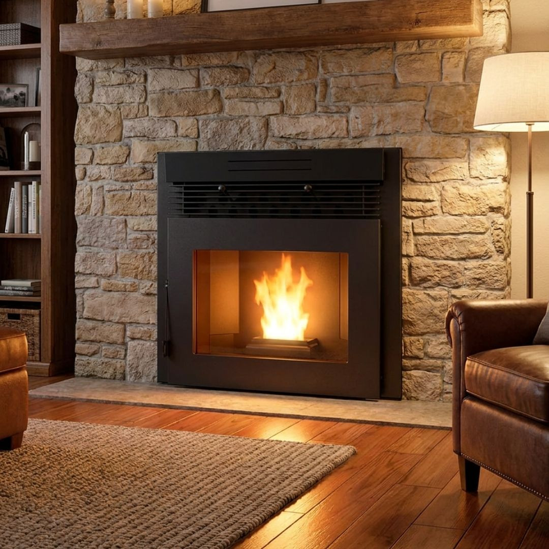 Insert à granulés Davide 9,5 kW installé dans une cheminée en pierre