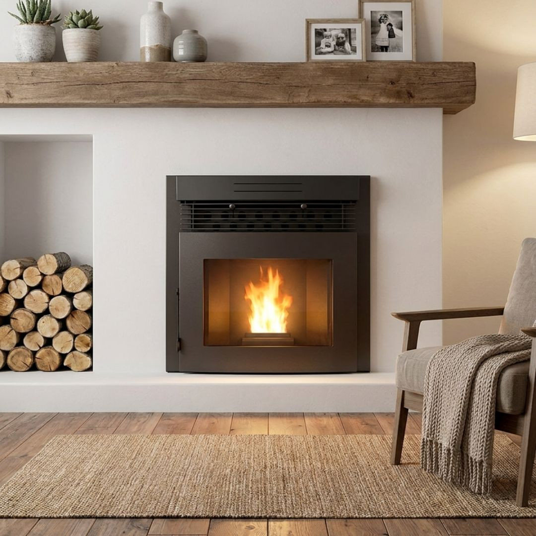 Insert à pellets Davide 9,5 kW intégré dans un salon contemporain avec rangement à bûches