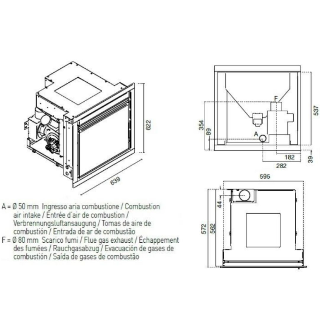 Schéma technique avec dimensions de l’insert à granulés Davide 9,5 kW