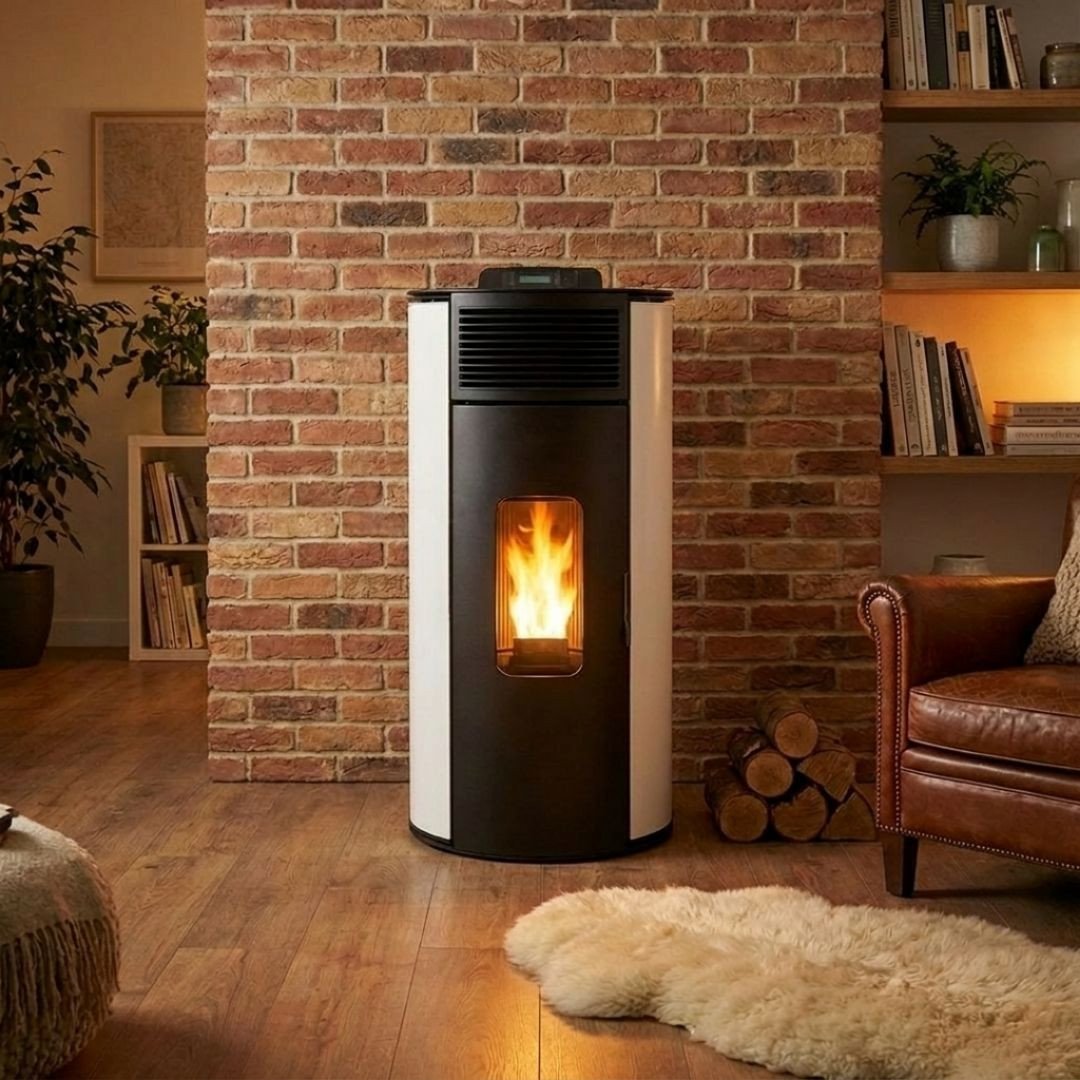 Poêle à granulés étanche Lorena 9 kW blanc installé dans un salon avec mur en briques