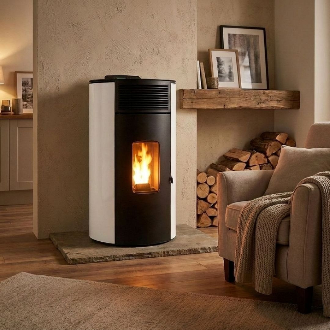 Poêle à granulés étanche Lorena 9 kW blanc installé dans un salon contemporain