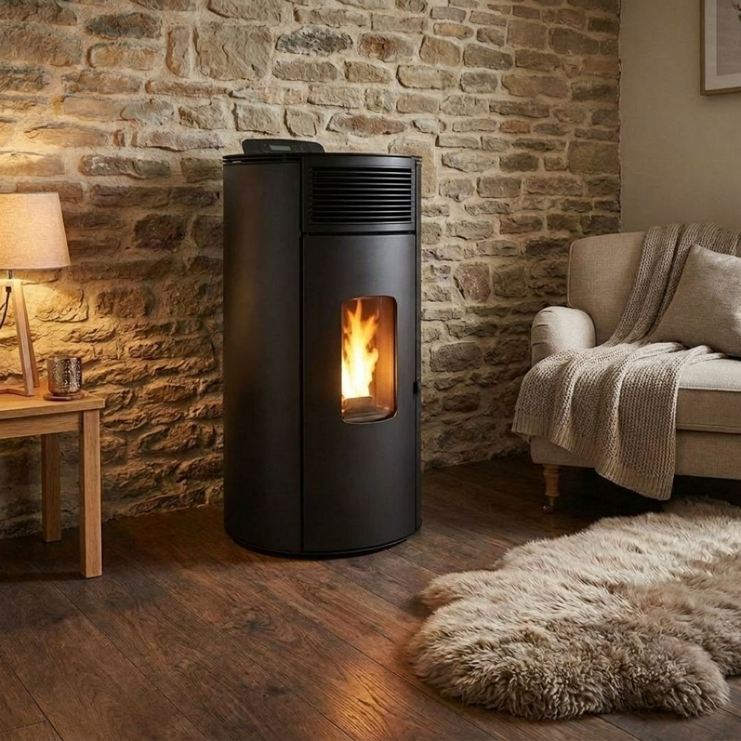 Poêle à pellets Lorena 9 kW noir installé devant un mur en pierre