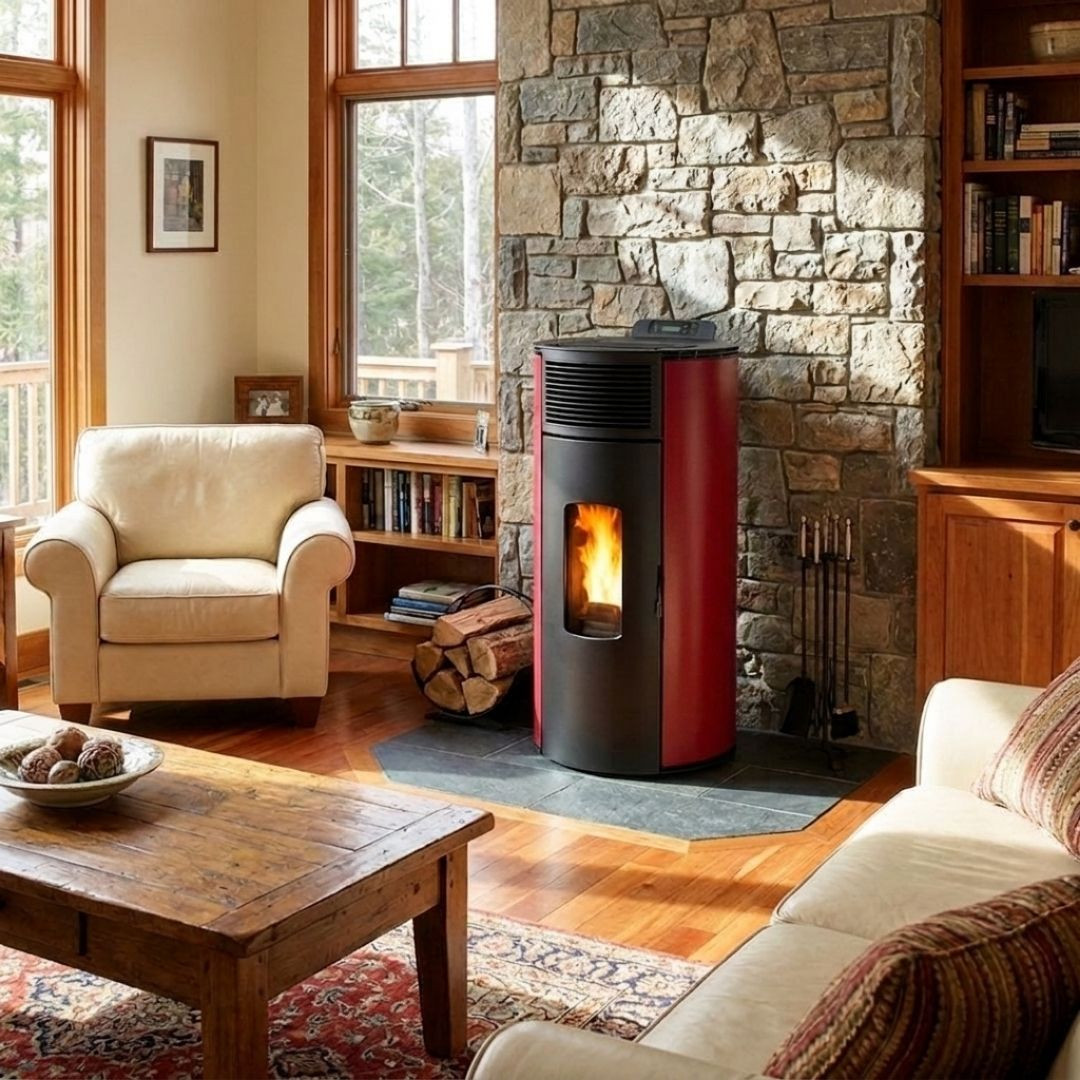 Poêle à granulés Lorena 9 kW rouge installé dans une pièce de vie rustique