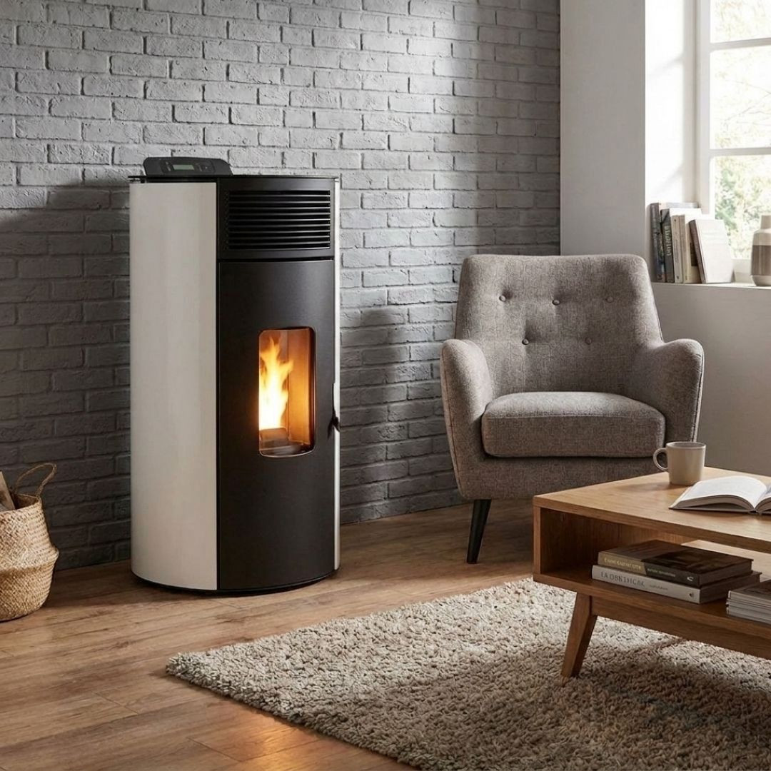 Poêle à granulés Lorena 9 kW blanc installé dans un intérieur lumineux