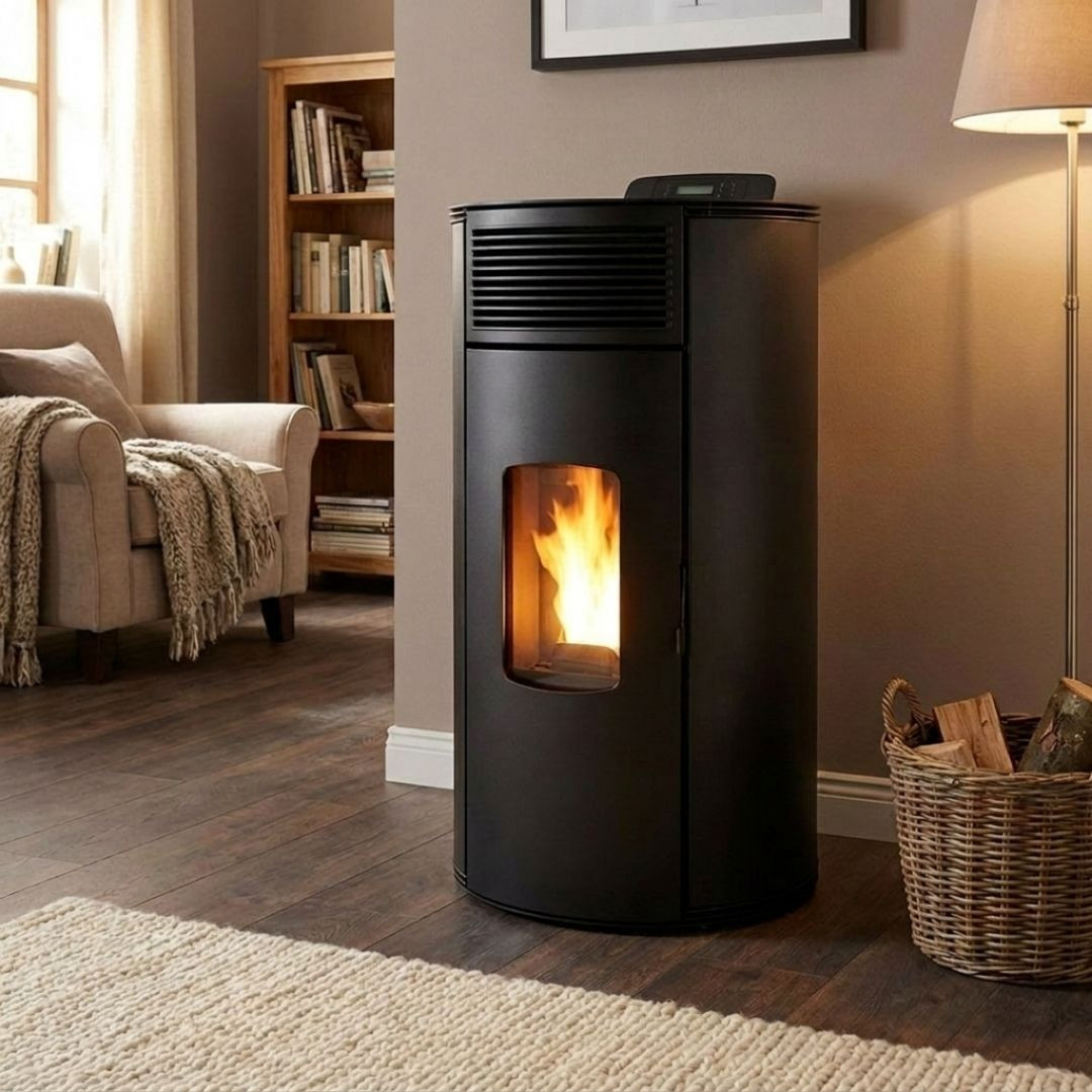 Poêle à pellets étanche Lorena 9 kW noir installé près d’un fauteuil