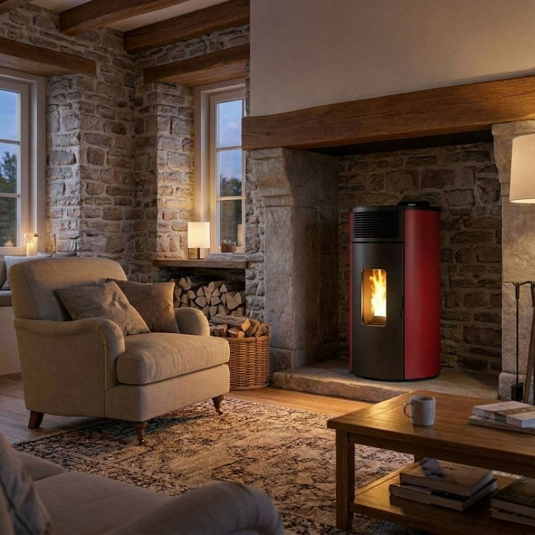 Poêle à granulés Lorena 9 kW rouge installé devant une cheminée en pierre
