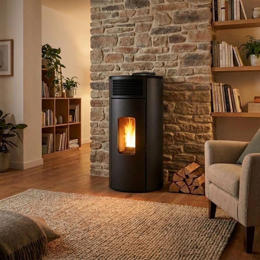 Poêle à granulés Lorena 9 kW noir installé dans un salon avec mur en pierre
