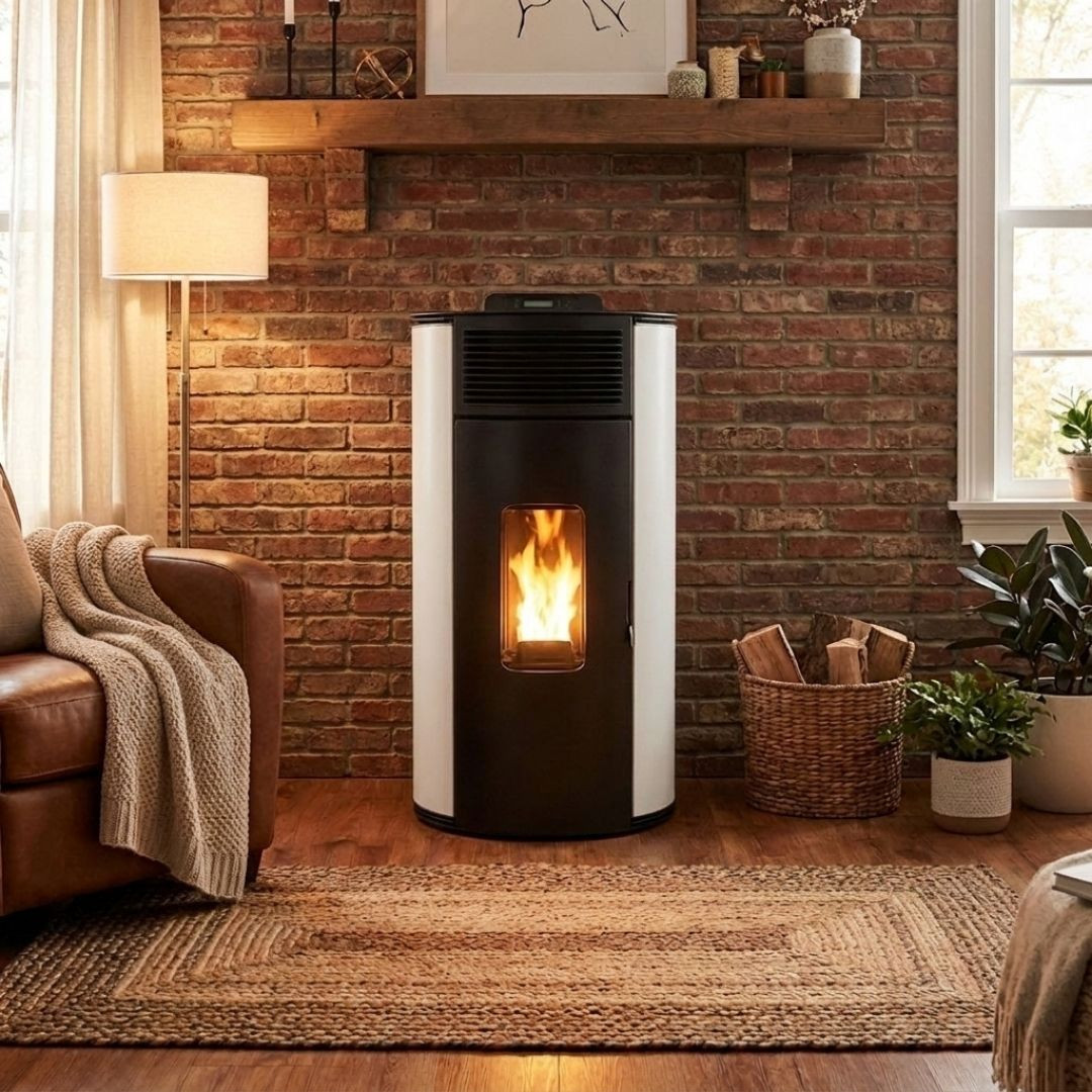 Poêle à pellets étanche Lorena 9 kW blanc installé dans une pièce chaleureuse