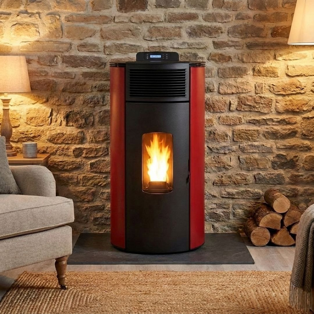 Poêle à granulés à ventouse Lorena 9 kW rouge installé devant un mur en briques