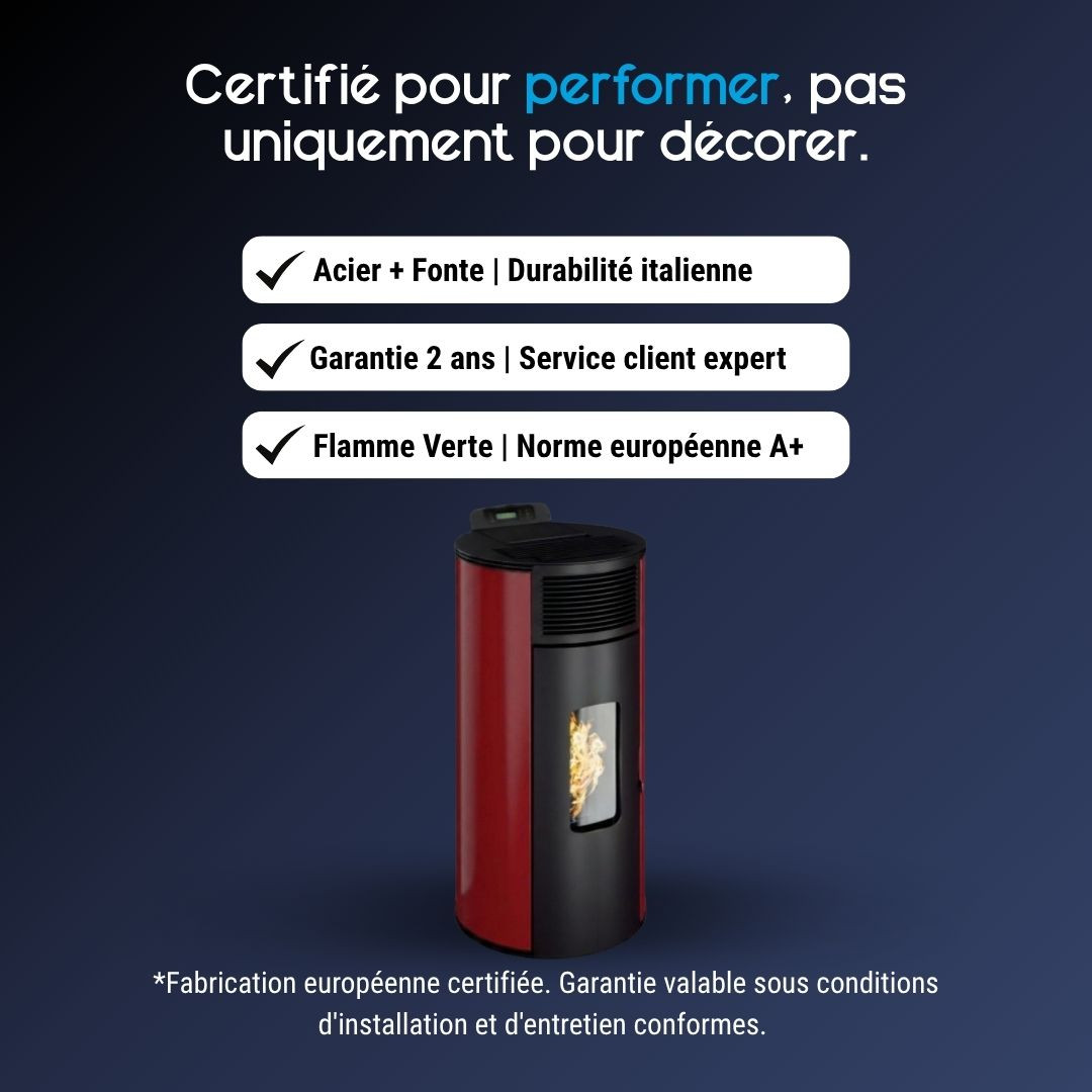Avantages du poêle à granulés Lorena 9 kW rouge certifié Flamme Verte