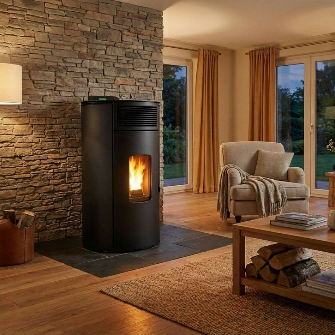 Poêle à granulés étanche Lorena 9 kW noir installé dans un salon contemporain