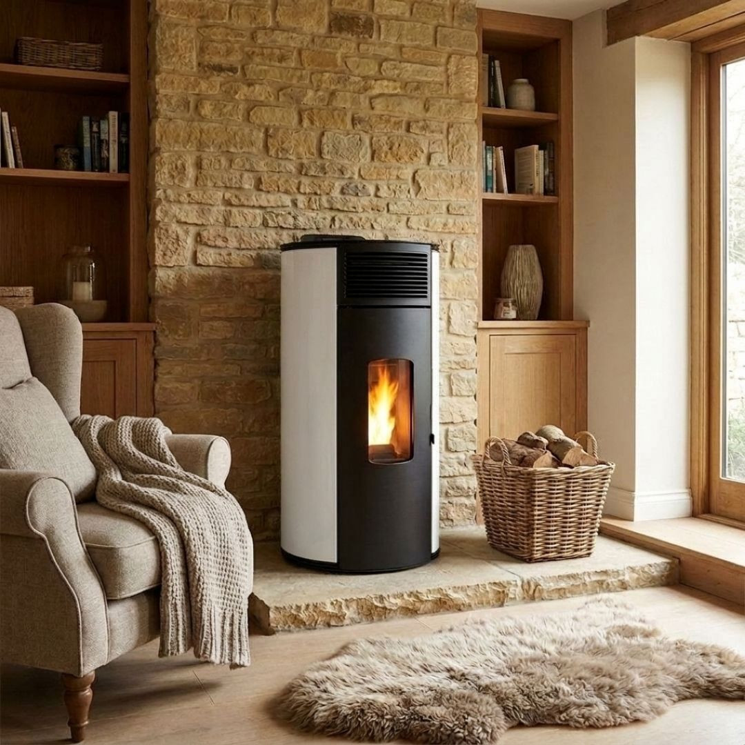 Poêle à pellets Lorena 9 kW blanc installé près d’un mur en pierre