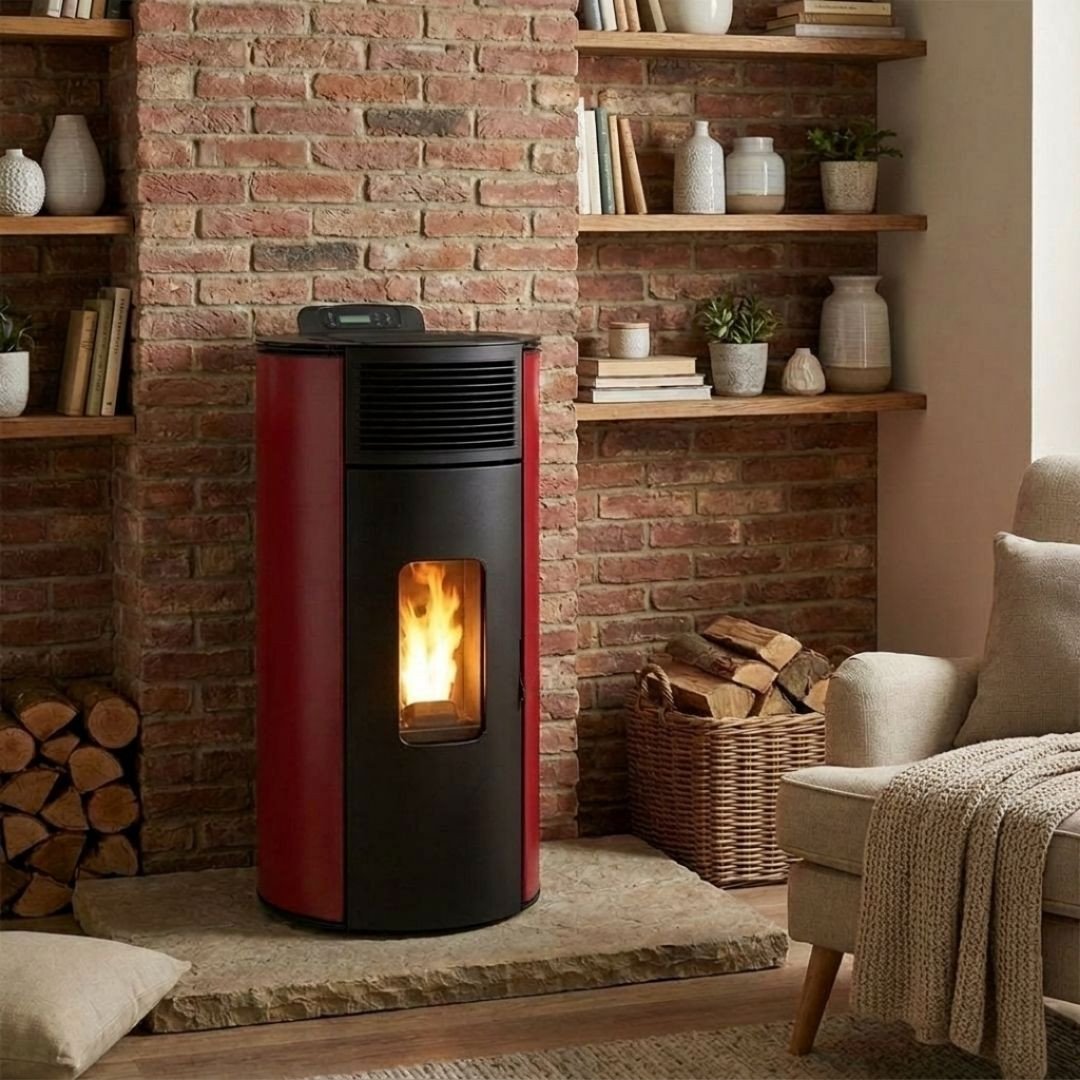 Poêle à granulés à ventouse Lorena 9 kW rouge installé dans un intérieur rustique