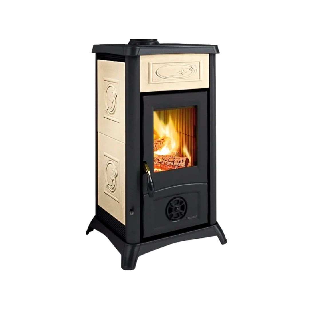 Infographie des performances du poêle à bois Gemma Lean Ceramica 6,5 kW finition blanche
