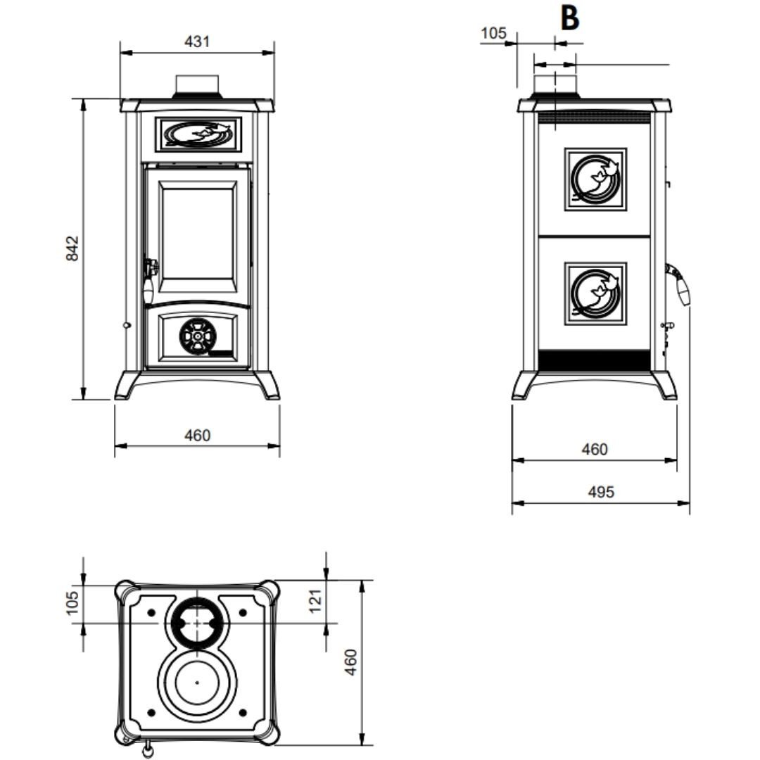Schéma technique avec dimensions du poêle à bois Gemma Lean Ceramica 6,5 kW