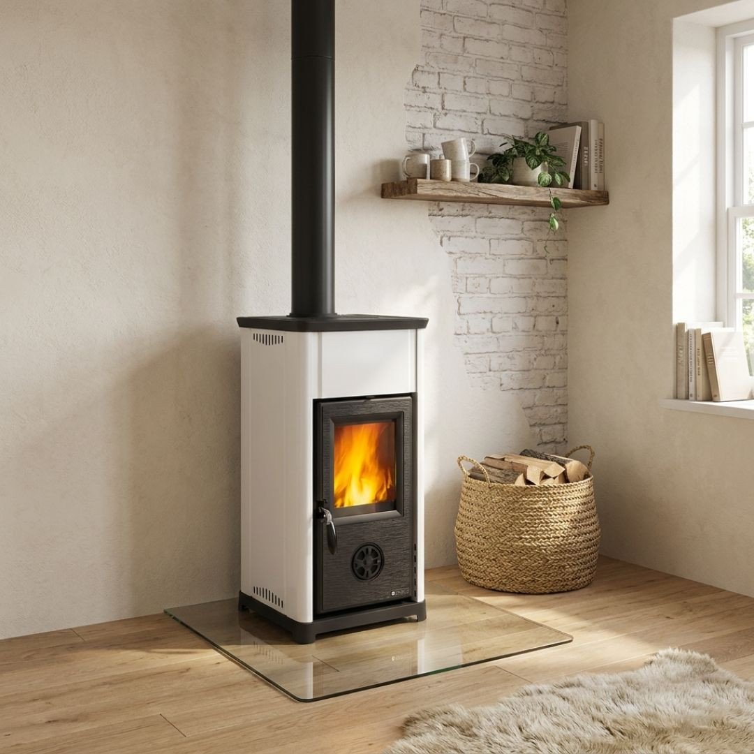 Poele a bois 7 kw blanc dans salon moderne