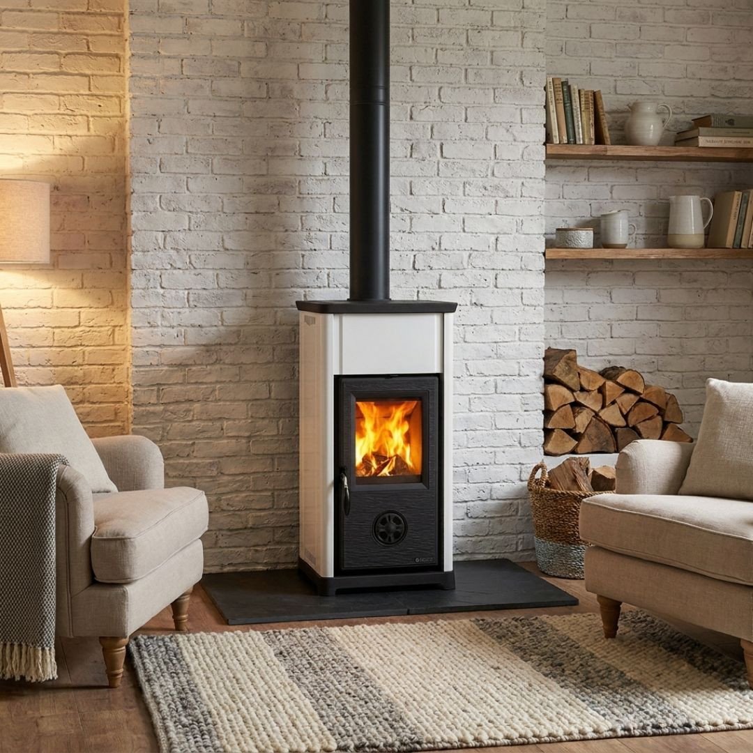 Poêle à bois Tea.16 7 kW blanc installé entre deux fauteuils avec rangement à bûches