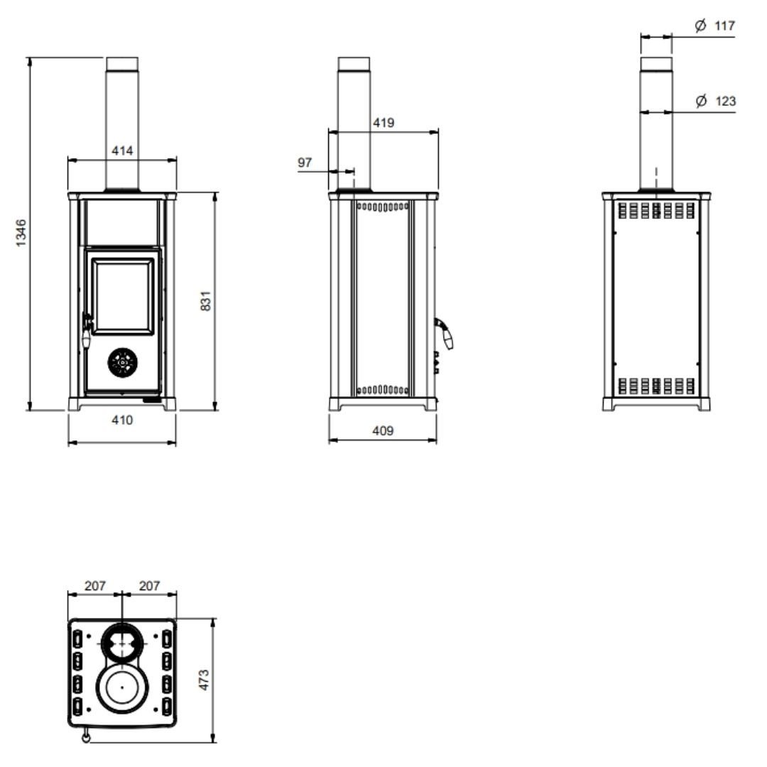 Schéma technique avec dimensions du poêle à bois compact Tea.16 7 kW